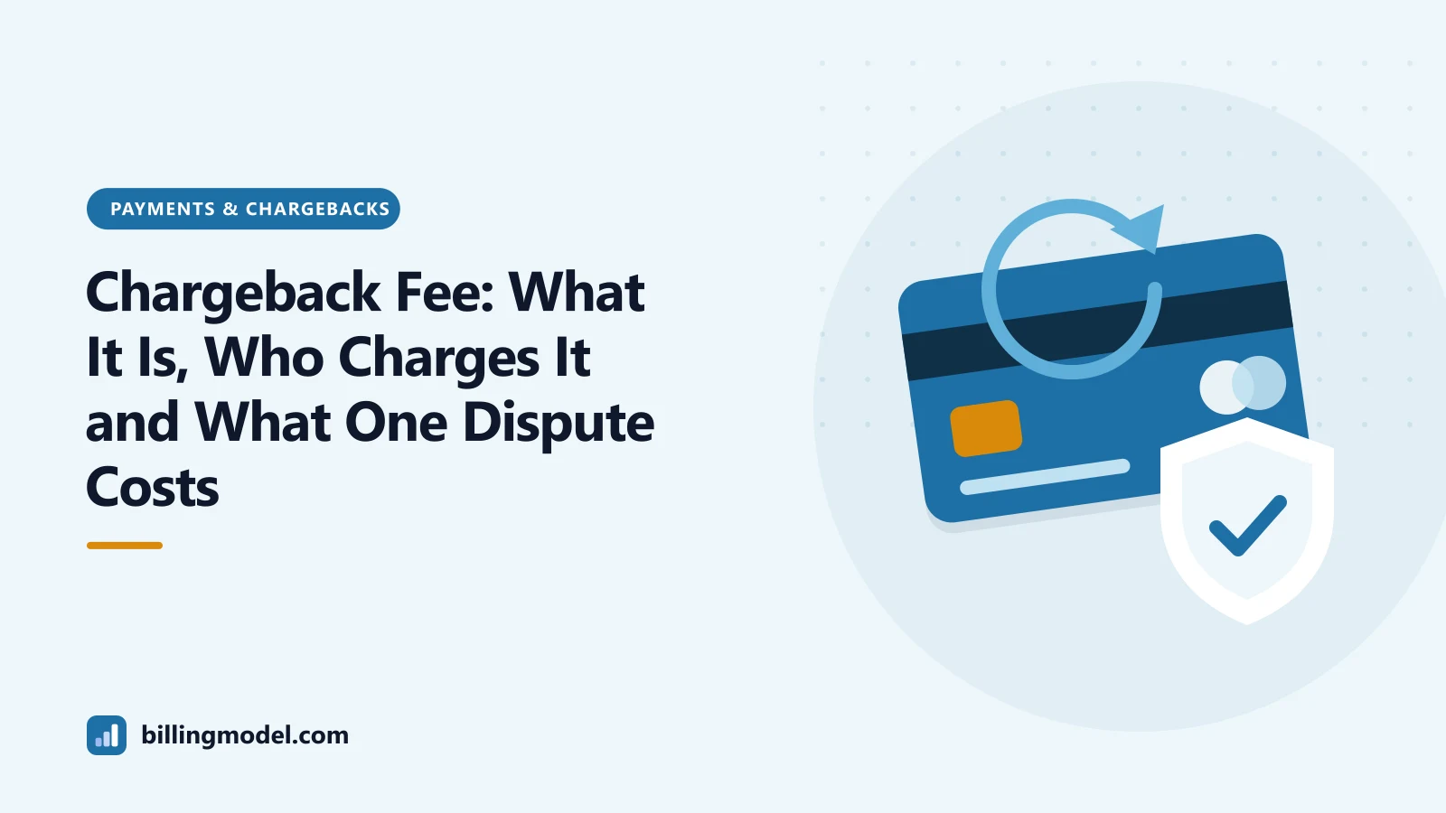 Illustration of a payment card with a reversal arrow and a shield for a guide to the chargeback fee