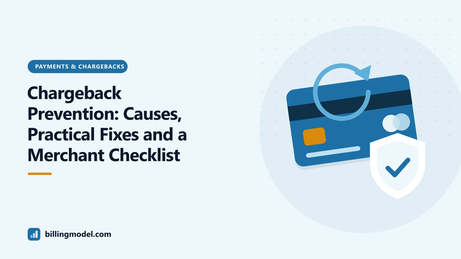 Illustration of a payment card with a reversal arrow and a shield for a guide to chargeback prevention