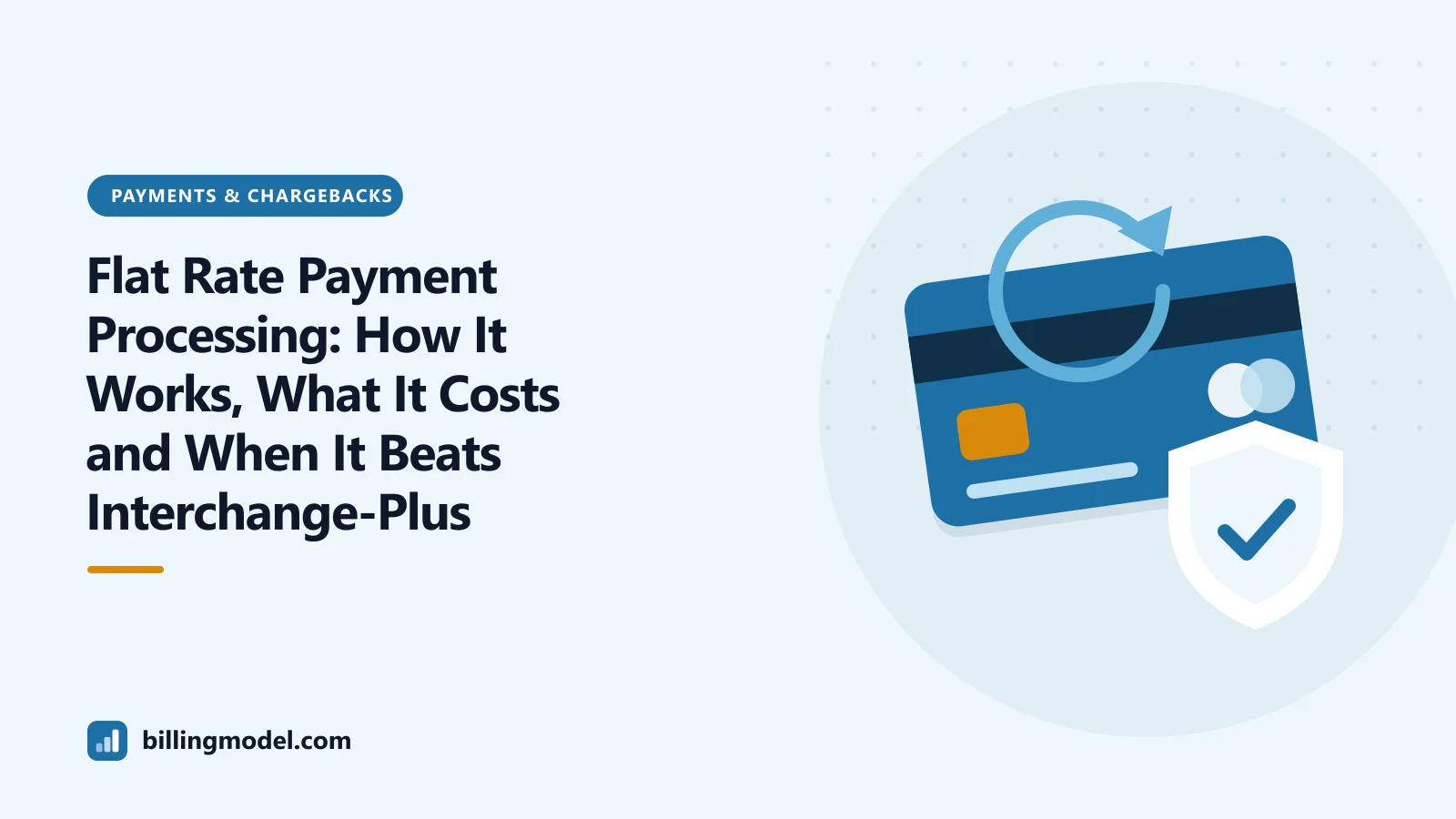 Illustration of a payment card with a reversal arrow and a shield for a guide to flat rate payment processing