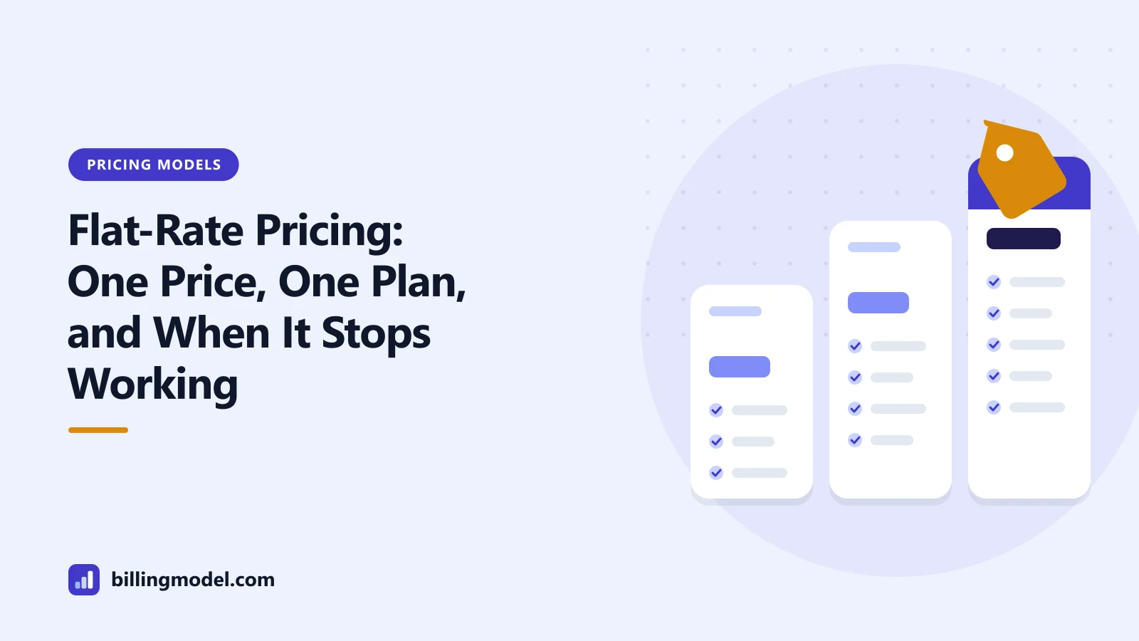 Illustration of pricing-plan cards and a price tag for a guide to flat-rate pricing