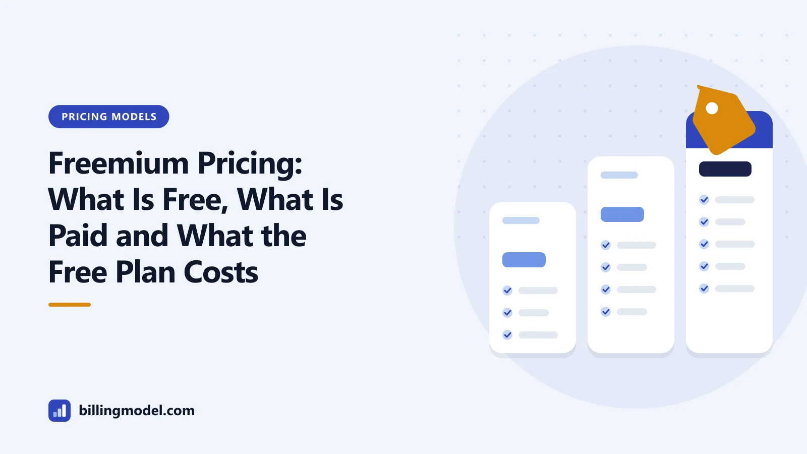 Illustration of three pricing plan cards of rising height for a guide to freemium pricing