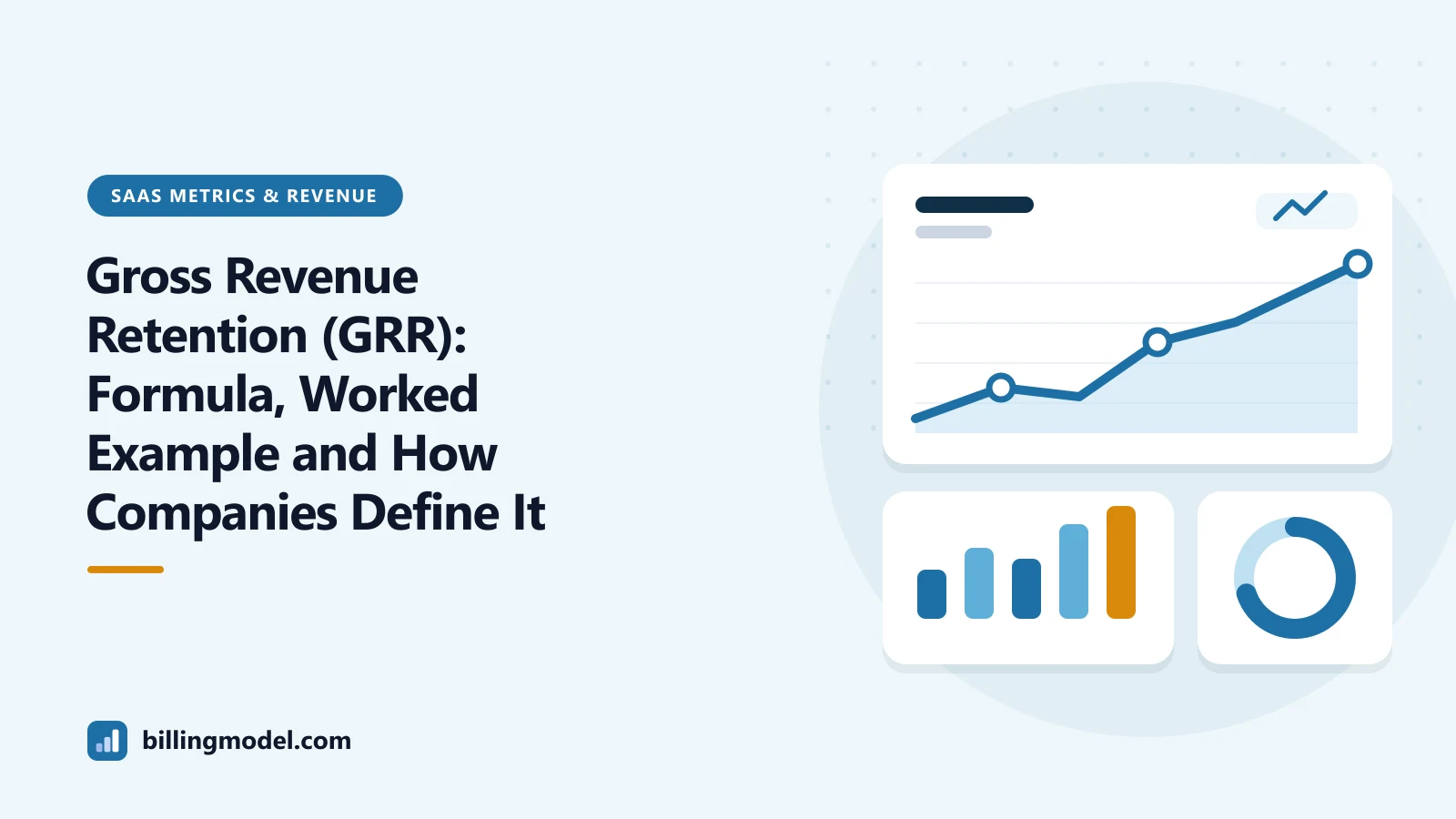Illustration of a dashboard with a line chart, bars and a ring chart for a guide to gross revenue retention