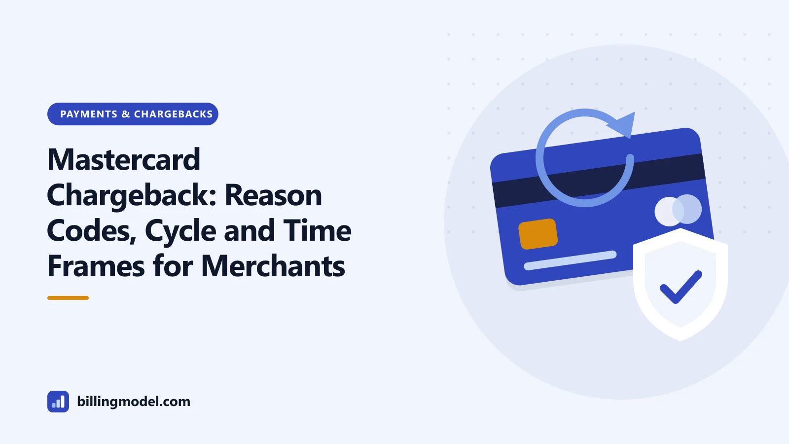 Illustration of a payment card with a reversal arrow and a shield for a guide to the Mastercard chargeback process