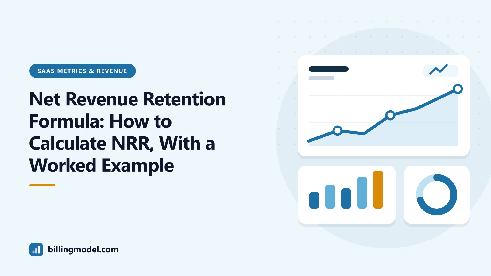Illustration of a dashboard with a line chart, bars and a ring chart for a guide to the net revenue retention formula