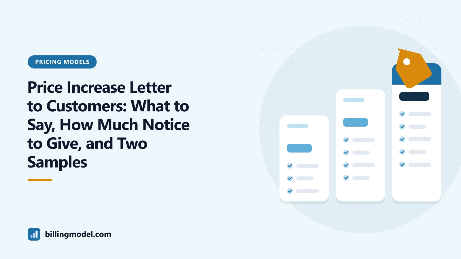 Illustration of three pricing-plan cards with a price tag for a guide to writing a price increase letter to customers