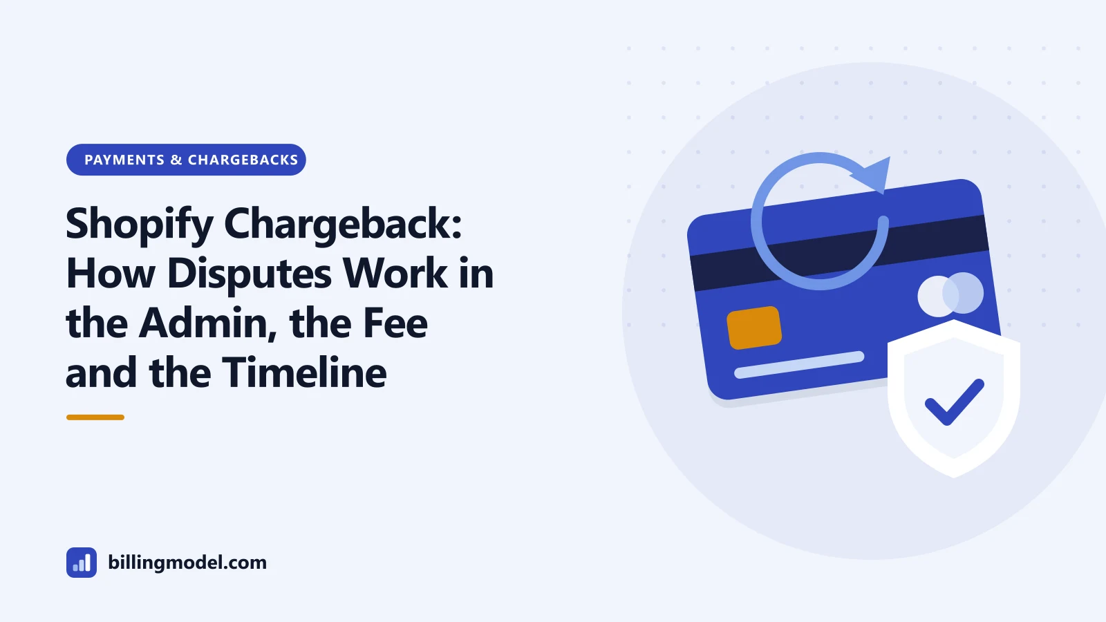 Illustration of a payment card with a reversal arrow and a shield for a guide to a Shopify chargeback