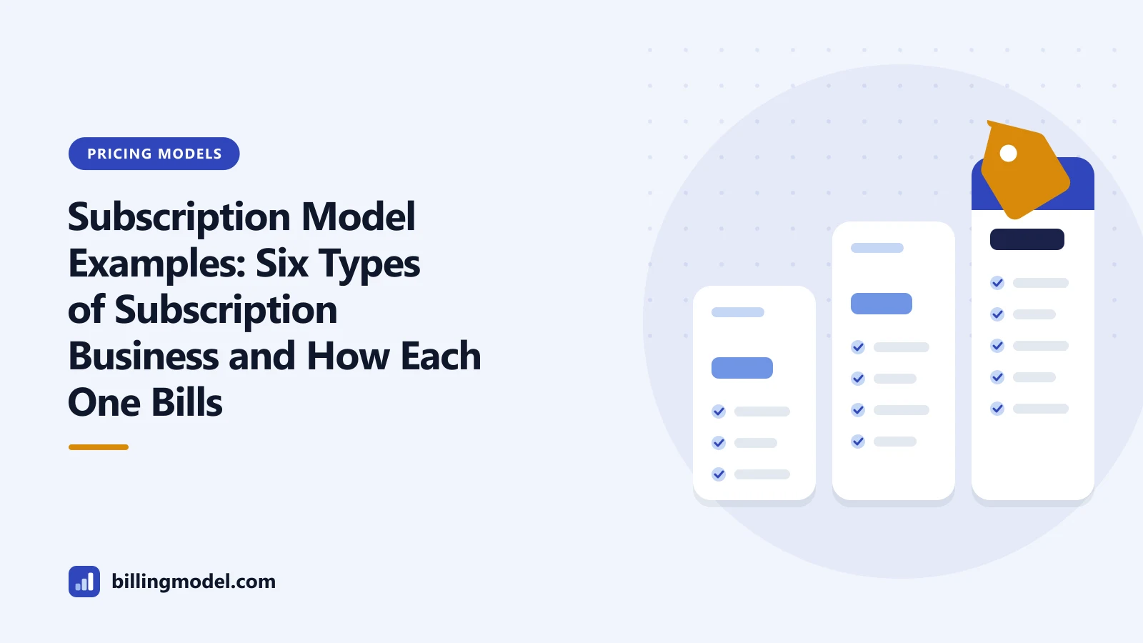 Illustration of three pricing plan cards of rising height for a guide to subscription model examples