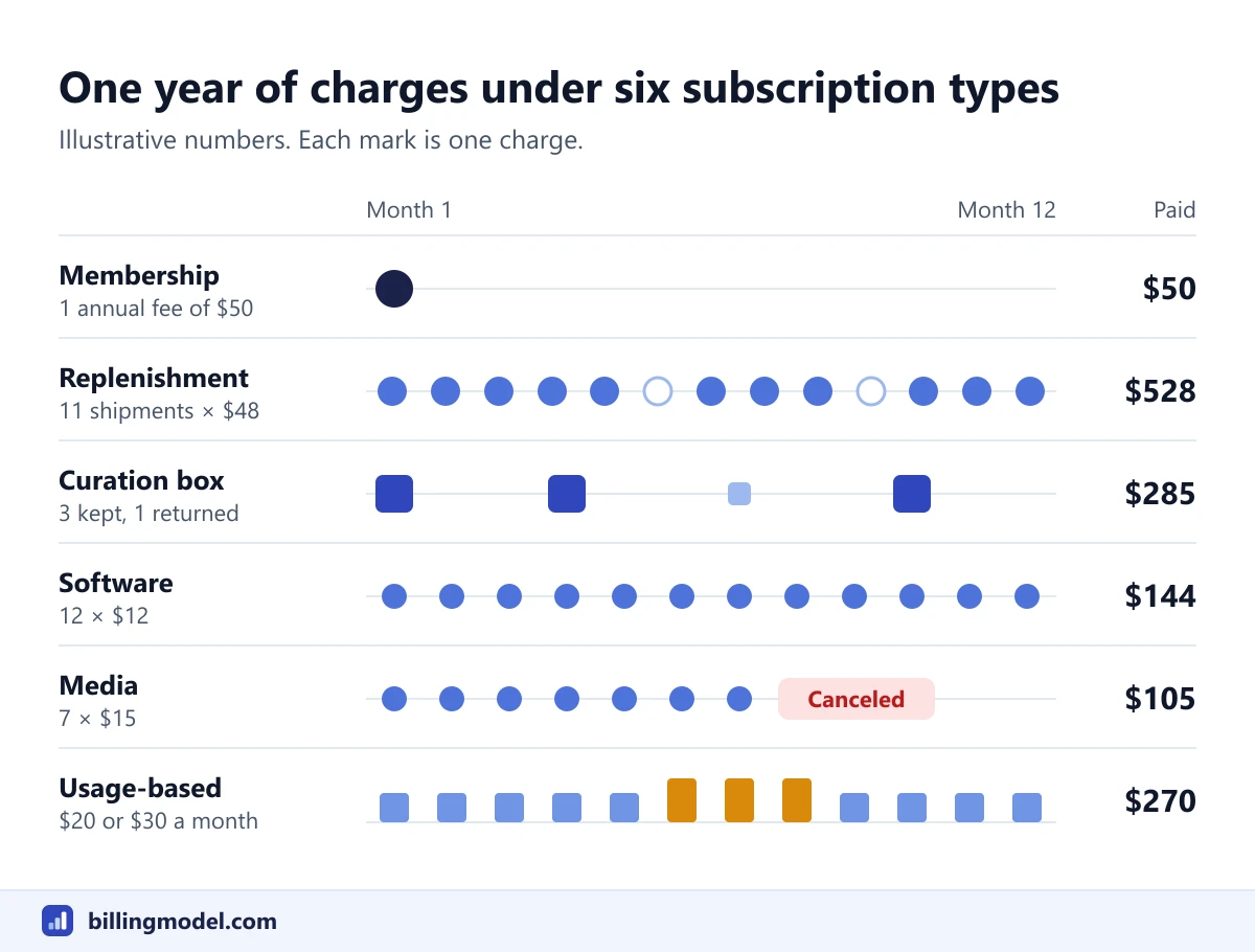 Timeline of one year of charges under six subscription types: one 50 dollar membership fee, 11 replenishment shipments for 528 dollars, 4 curation boxes for 285 dollars, 12 software fees for 144 dollars, 7 media fees for 105 dollars and 12 usage bills for 270 dollars