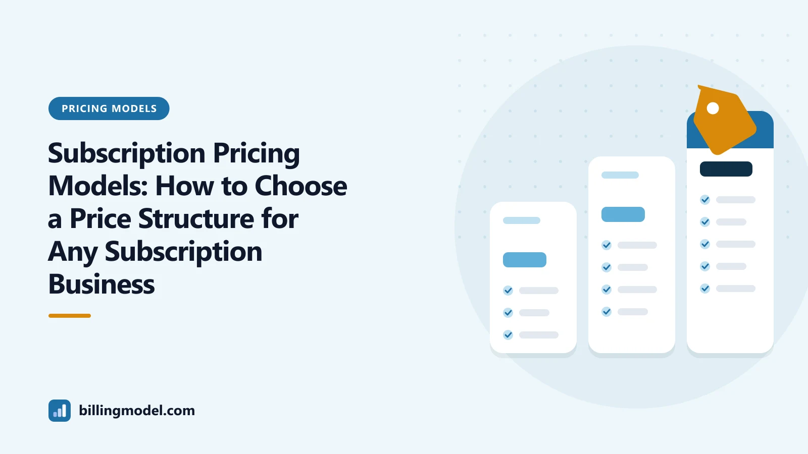 Illustration of three pricing plan cards of rising height for a guide to subscription pricing models