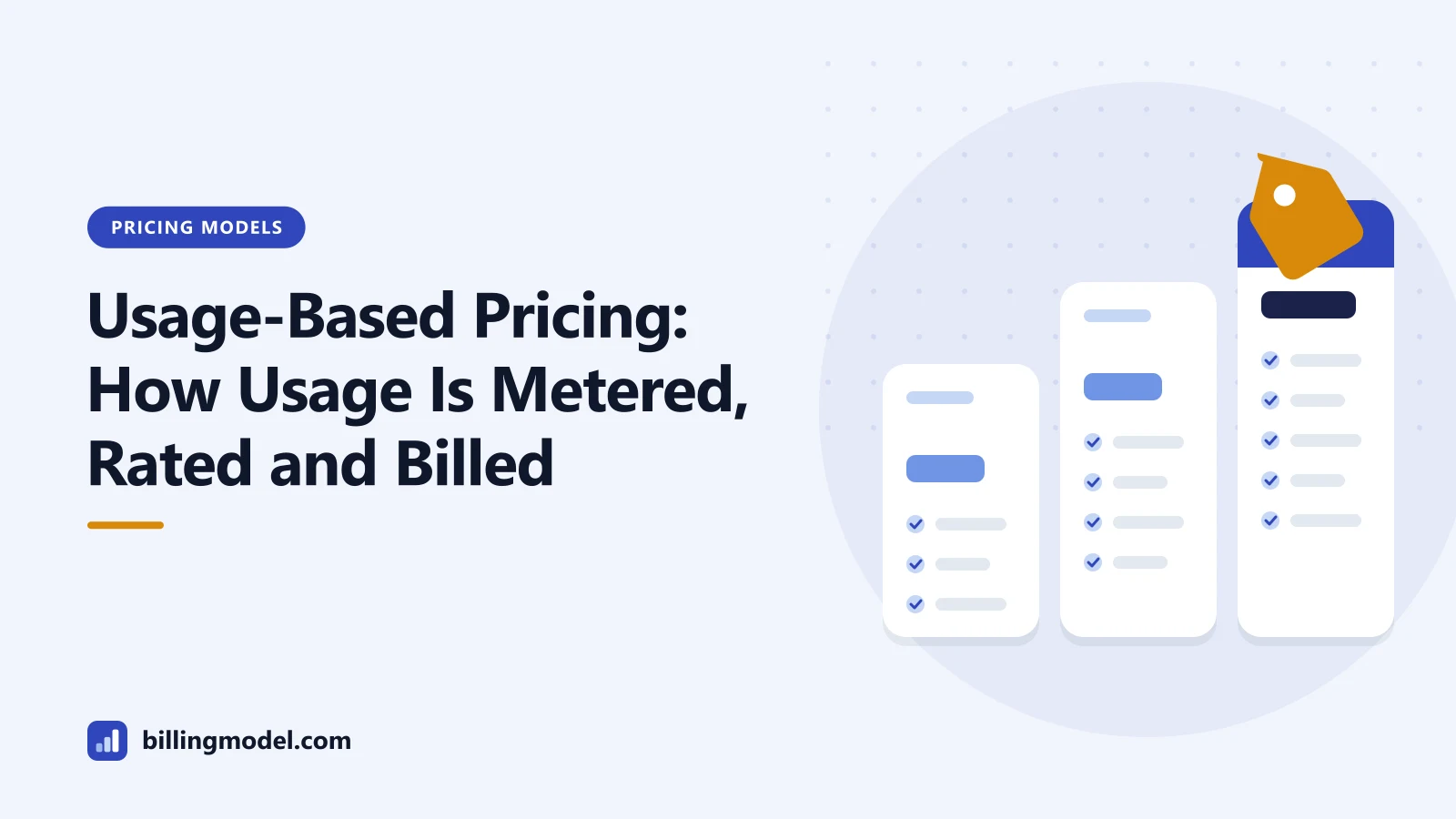 Illustration of three pricing-plan cards and a price tag for a guide to usage-based pricing